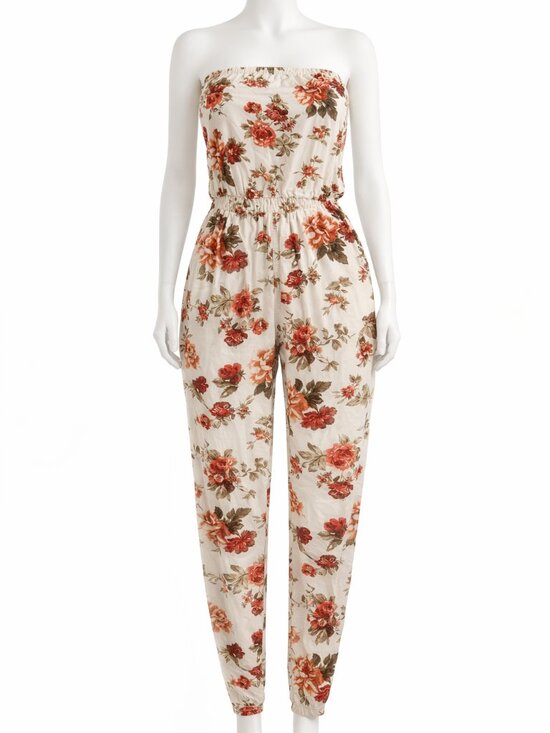 Ambiance Pants - Ambiance Floral Strapless Jumpsuit White Pink Size L